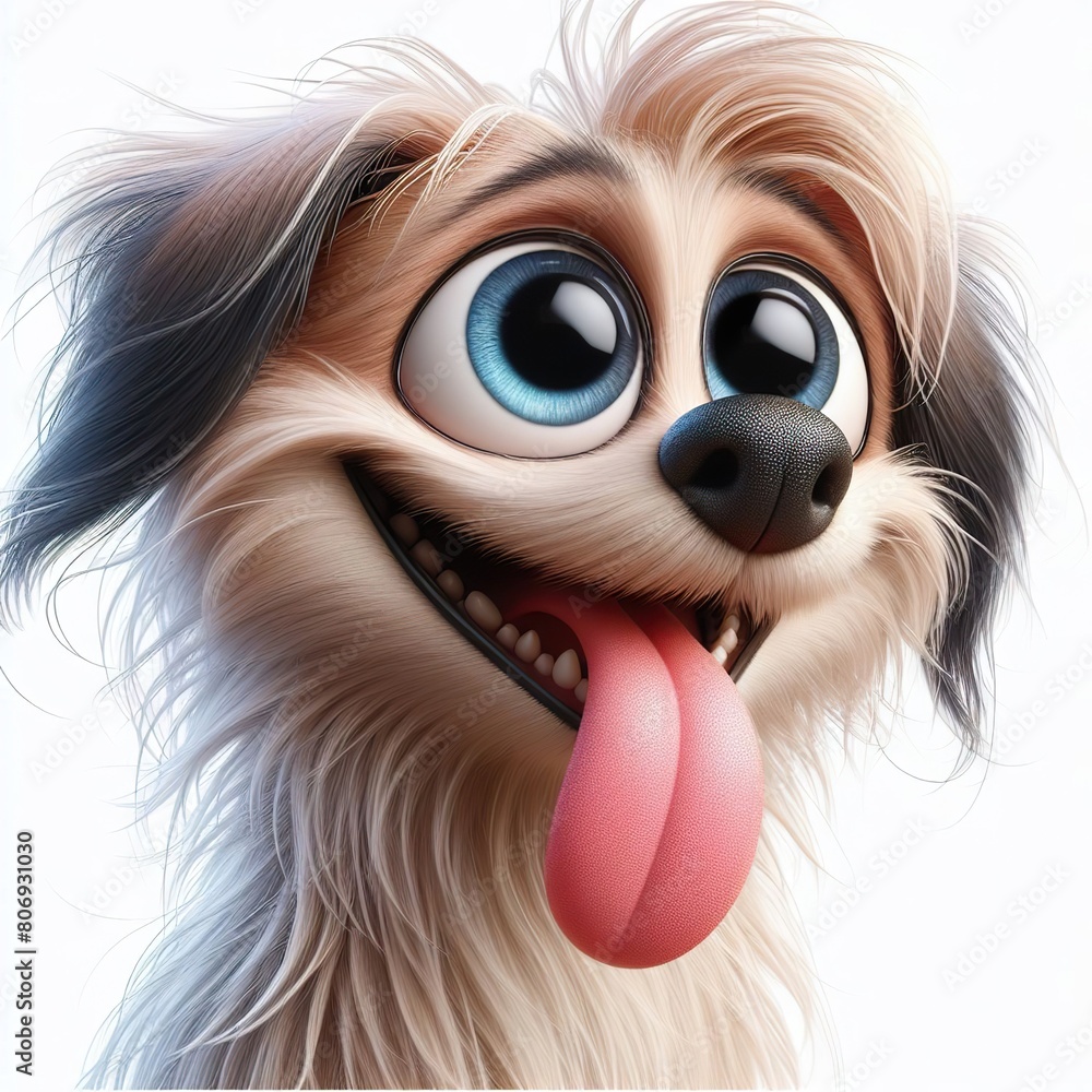 Naklejka premium a photorealistic whimsical cartoon Dog with a mischievous grin. The Dog has blue eyes and long fur, white blackground