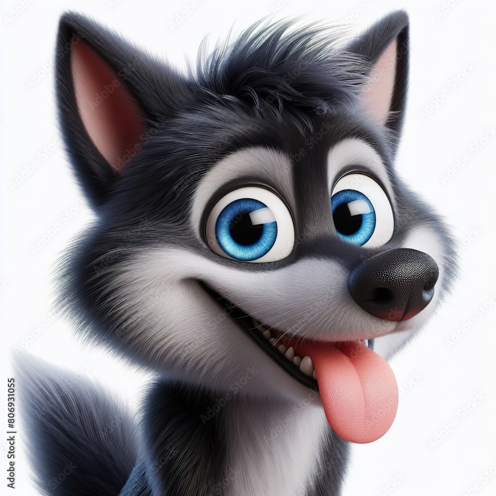 a photorealistic whimsical cartoon wolf with a mischievous grin. The wolf has blue eyes and black fur a photorealistic whimsical cartoon wolf with a mischievous grin. The wolf has blue eyes and black fur