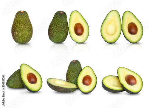 Avocado isolated on white collection. Set of fresh whole and sliced avocado isolated on white background. PNG photography