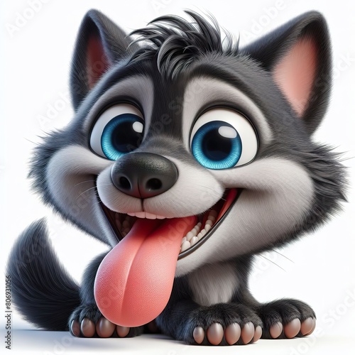 a photorealistic whimsical cartoon wolf with a mischievous grin. The wolf has blue eyes and black fur