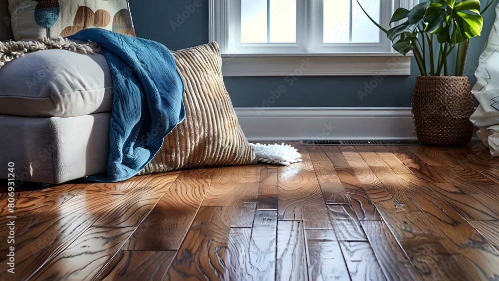 Fototapeta premium Clean hardwood floor with mop. Concept To clean hardwood floor with a mop, .1, Sweep or vacuum the floor to remove debris,.2, Mix a hardwood floor cleaner with water in a bucket,.3