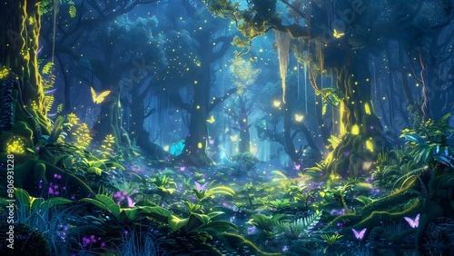 Enchanting Forest City  Glowing Plants  Moss-Covered Trees  Butterflies  and Fireflies. Concept Magical Forest  Glowing Plants  Mossy Trees  Butterflies  Fireflies