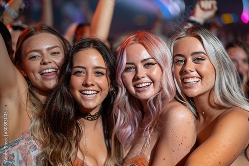 Diverse group of young women enjoying a vibrant club atmosphere, faces beaming with joy.