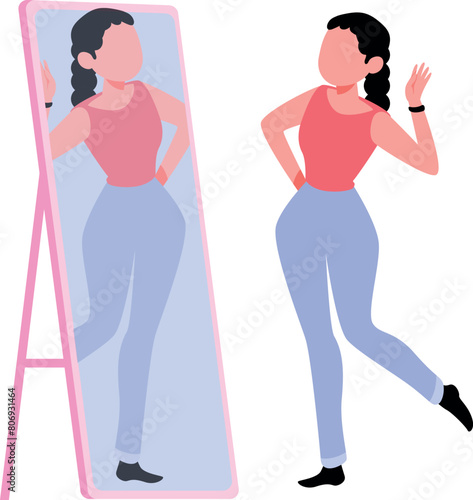 The girl is looking at herself in the mirror.
