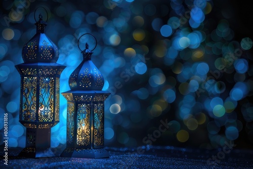 an arabic islamic lantern in the blue background
