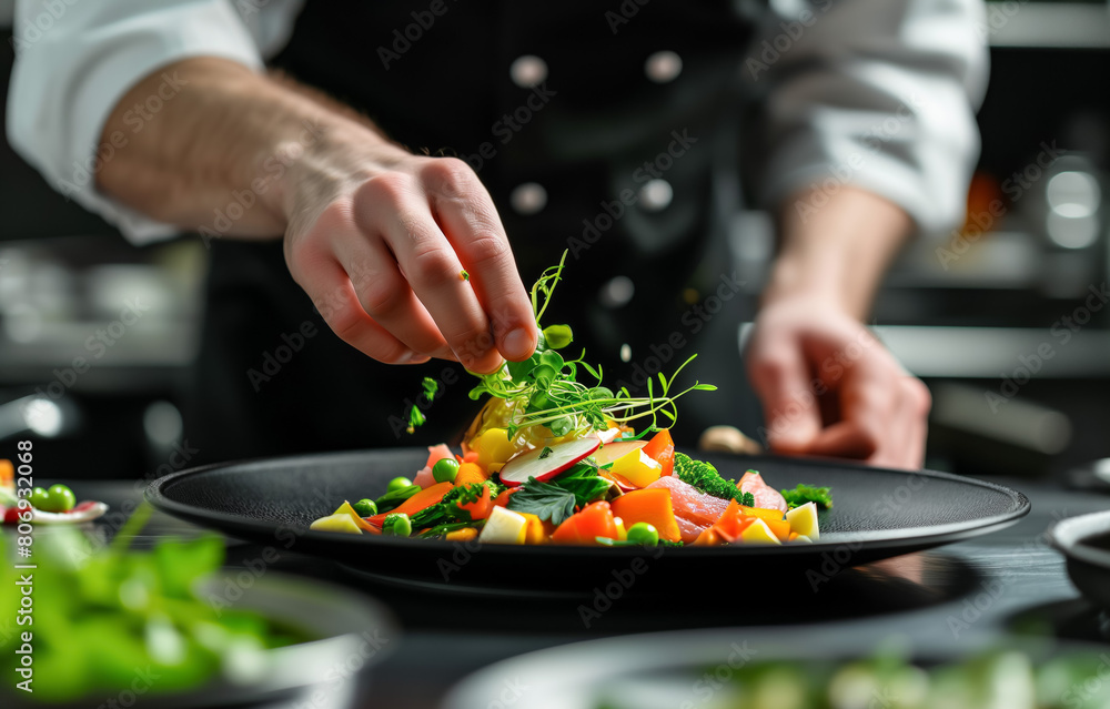 Chef garnishing a colorful gourmet dish with precision