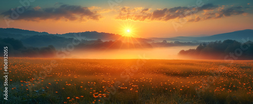 Sunset radiance on blooming field with distant hills photo