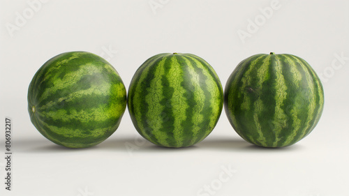 Three whole watermelons with rich green stripes and smooth textures, arranged side by side against a clean white background.