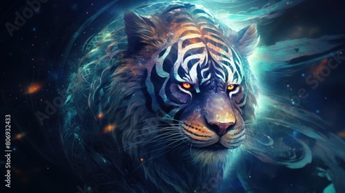 Astral tiger spirit watercolor illustration - Generative AI. White  tiger  blue  eyes.