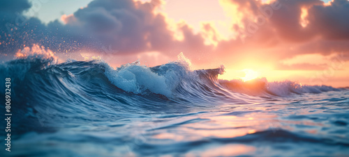 Majestic waves crashing at sunset on ocean horizon
