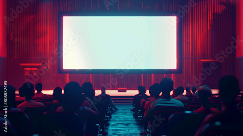 Audience sitting in cinema watching a blank white screen, illuminated by red ambient lighting.