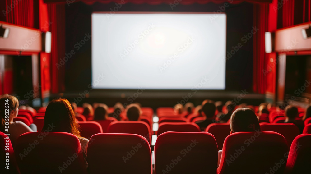 Audience seated in a movie theater looking at a bright blank screen, with plush red seats.