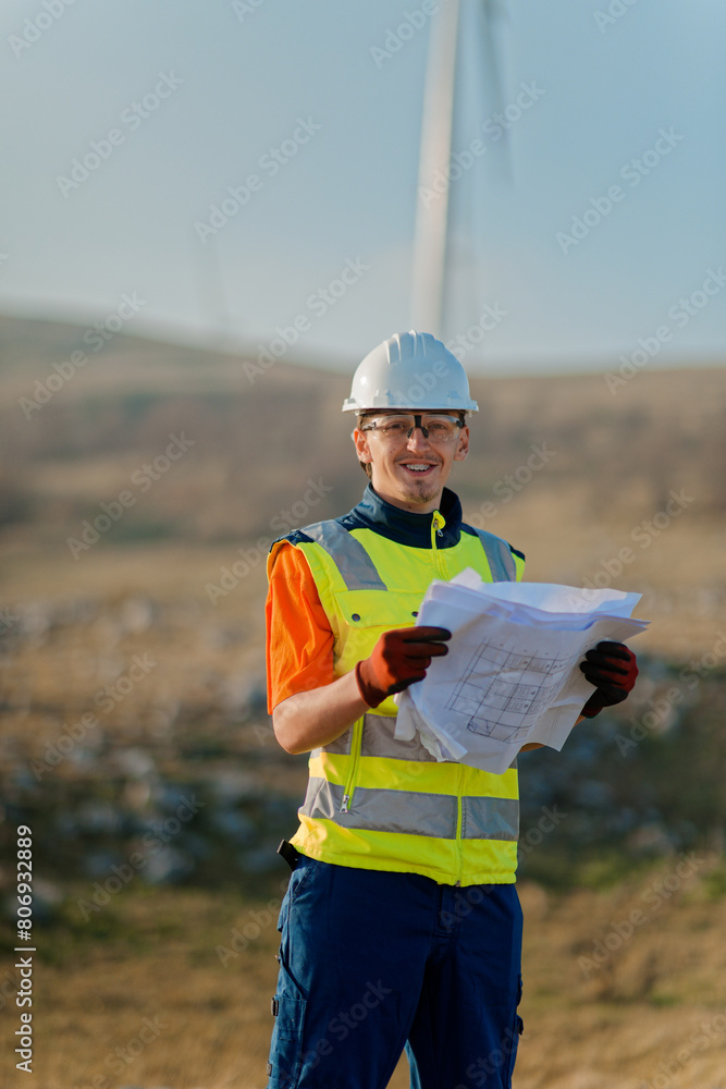 An engineer holding a paper project of a wind turbine for electricity production. An engineer holding a paper project of a wind turbine for electricity production.