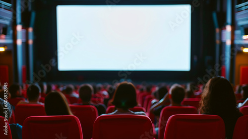 Audience in a movie theater watching a blank screen, seated in red chairs, capturing the atmosphere of anticipation.