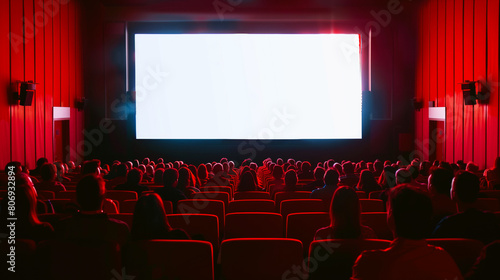 Audience in a cinema watching a blank white screen, with red seats and atmospheric lighting.