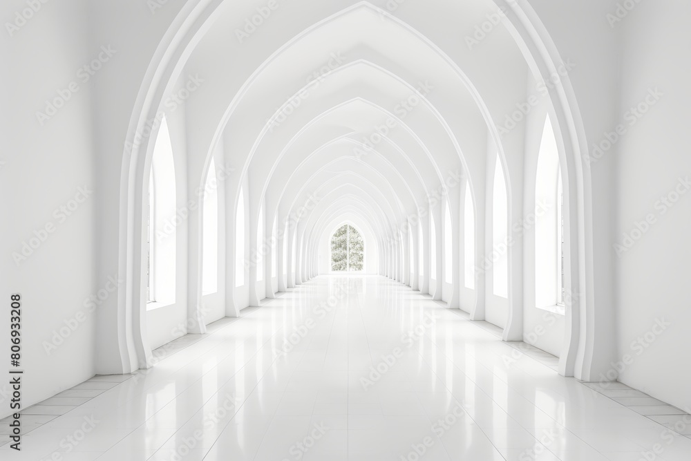 A long, bright white hallway with arched windows, columns, and marble flooring. Smooth white walls reflect natural light. Modern architectural design with a serene and spacious atmosphere. A long, bright white hallway with arched windows, columns, and marble flooring. Smooth white walls reflect natural light. Modern architectural design with a serene and spacious atmosphere.