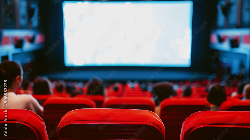 Viewers watching a movie in a cinema with rows of red seats and a blurred screen.