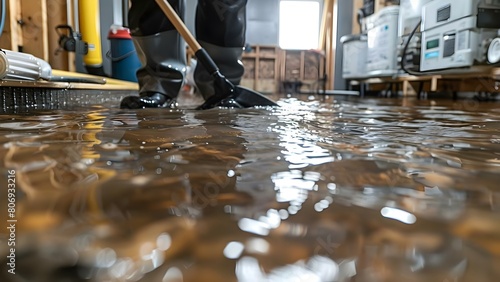 Mopping up deep floodwater in a basement or electrical room after a leak. Concept Flood Cleaning, Water Damage, Basement Cleanup, Electrical Room Water Damage, Emergency Restoration