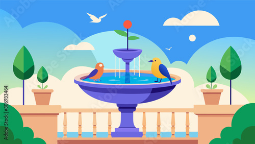 A small fountain p on the edge of a balcony drawing in a variety of birds for a refreshing drink..