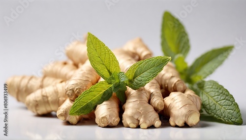 pile of ginger and mint leaves isolated on white background. photo