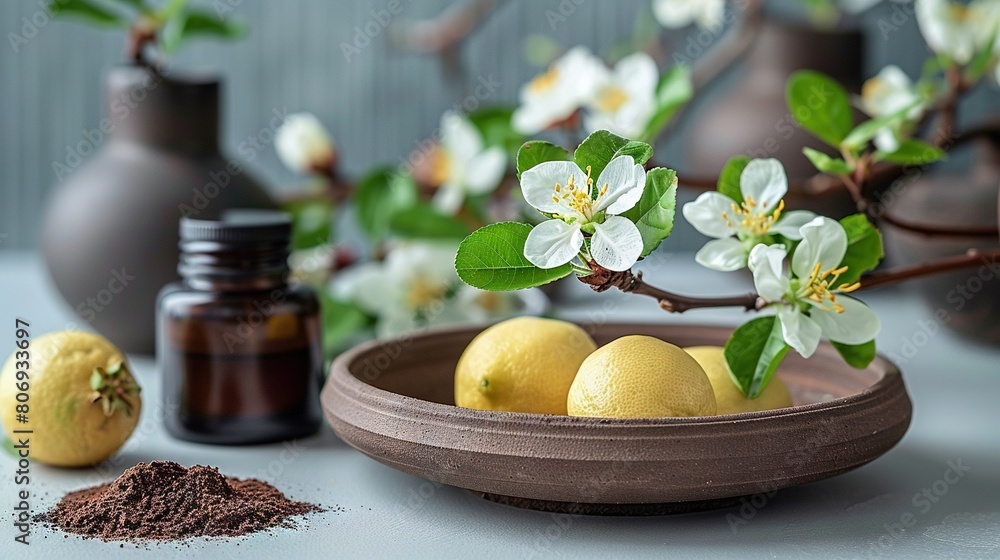 A bowl containing lemons sits beside two bottles of brown liquid and a white-flowered branch A bowl containing lemons sits beside two bottles of brown liquid and a white-flowered branch