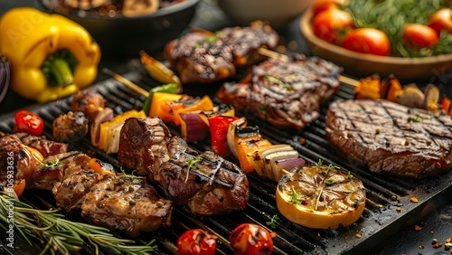 Vibrant summer BBQ with grilled meats and veggies perfect for family gatherings. Concept Summer Recipe Ideas, BBQ Tips, Grilling Techniques, Family Gatherings, Outdoor Cooking