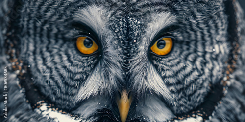 A close up view of young owl face with yellow eyes. © Zain