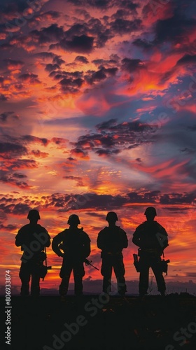 Four soldiers stand on a hillside, looking out over a beautiful sunset