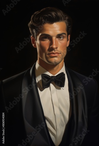 Man In Tuxedo Against Artistic Backdrop Embodies Classic Elegance And Timeless Fashion. Perfect For Sophisticated And Formal Occasions. Man in Elegant Black Suit