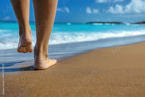 Esta imagen representa la parte inferior de las piernas y los pies de una persona de pie en una playa de arena. La piel de la persona está bañada por el sol, lo que subraya el ocio y la calidez 