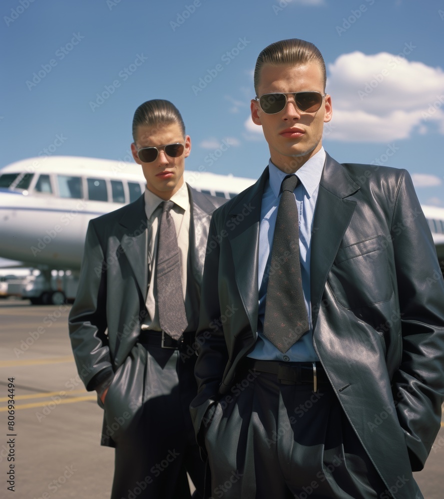 Elite Businessmen In Stylish Suits Embark On A Corporate Journey. Confidence And Professionalism At The Forefront With A Private Airplane Background.