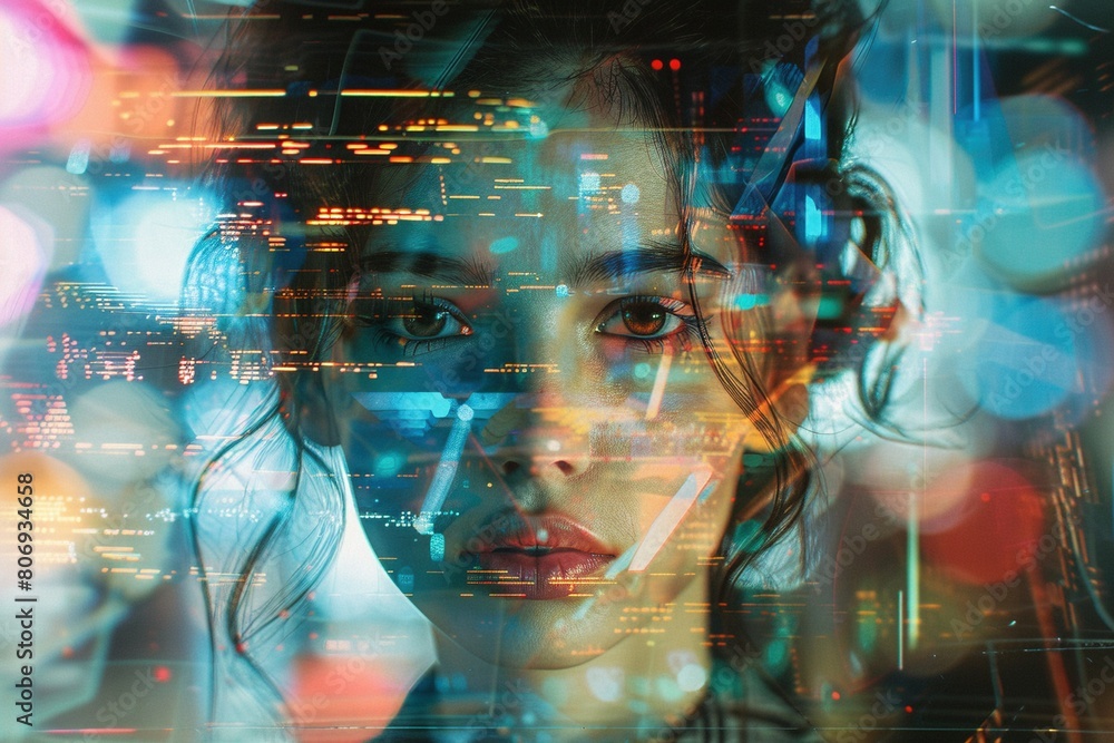 A digital portrait of a business woman, her image fractured by pixelation and glitches. Corrupted data disrupts her traditional form, revealing a mesmerizing distortion A digital portrait of a business woman, her image fractured by pixelation and glitches. Corrupted data disrupts her traditional form, revealing a mesmerizing distortion