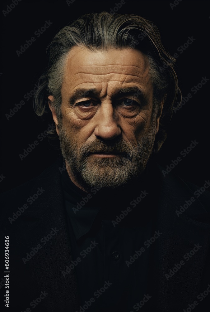 Portrait Of A Seasoned Man Showcasing Depth And Wisdom. Serious Expression And Mature Charisma In A Dark, Reflective Setting. Portrait Of A Seasoned Man Showcasing Depth And Wisdom. Serious Expression And Mature Charisma In A Dark, Reflective Setting.