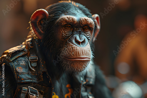 chimpanzee wearing motorcycle jacket
