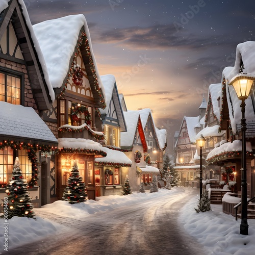 Christmas village in the snow at night. Winter landscape. Christmas and New Year concept.