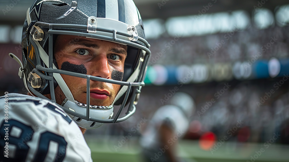 American football player wearing a gray helmet and a white uniform with black stripes under his eyes. . There is a football field and stands with fans in the background. Close-up of the face American football player wearing a gray helmet and a white uniform with black stripes under his eyes. . There is a football field and stands with fans in the background. Close-up of the face