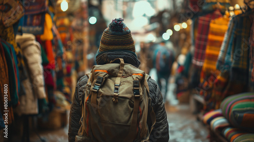 Winter Traveler with Backpack Exploring Vibrant Street Market