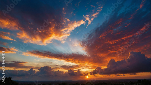 Behold a celestial masterpiece  an abstract depiction of a sunset above clouds  in an extra-wide format  capturing the essence of hope and the divine  painting the heavens with radiant hues.