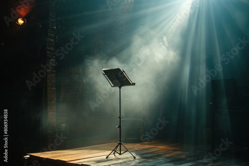 A music stand, bathed in spotlight, waiting for the performance