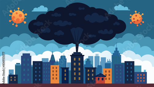 A large dark cloud slowly moves over the city ominously labeled with public health emergency and pandemic outbreak..