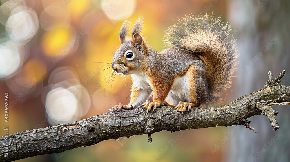 A curious squirrel perched on a tree branch, with bright eyes and bushy tail, capturing the playful and inquisitive nature of woodland creatures A curious squirrel perched on a tree branch, with bright eyes and bushy tail, capturing the playful and inquisitive nature of woodland creatures