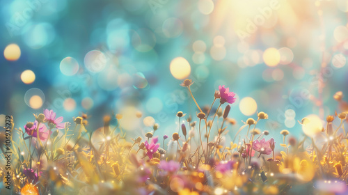 copy space, stockphoto, Colorful flower meadow with blue sky and bokeh lights in summer, nature background banner. Beautiful floral background, wallpaper. Design for invitation card, greeting card. Su