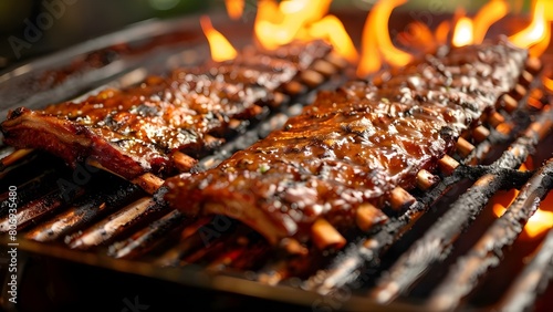 Closeup of sizzling pork ribs on a flaming grill. Concept Food Photography, BBQ Grilling, Cooking Inspiration, Delicious Meals, Flaming Grill photo