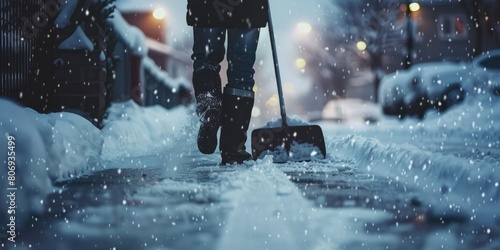 Individual Clears Sidewalk with Snow Shovel, Snow Shoveling Scene, Person on White Background photo