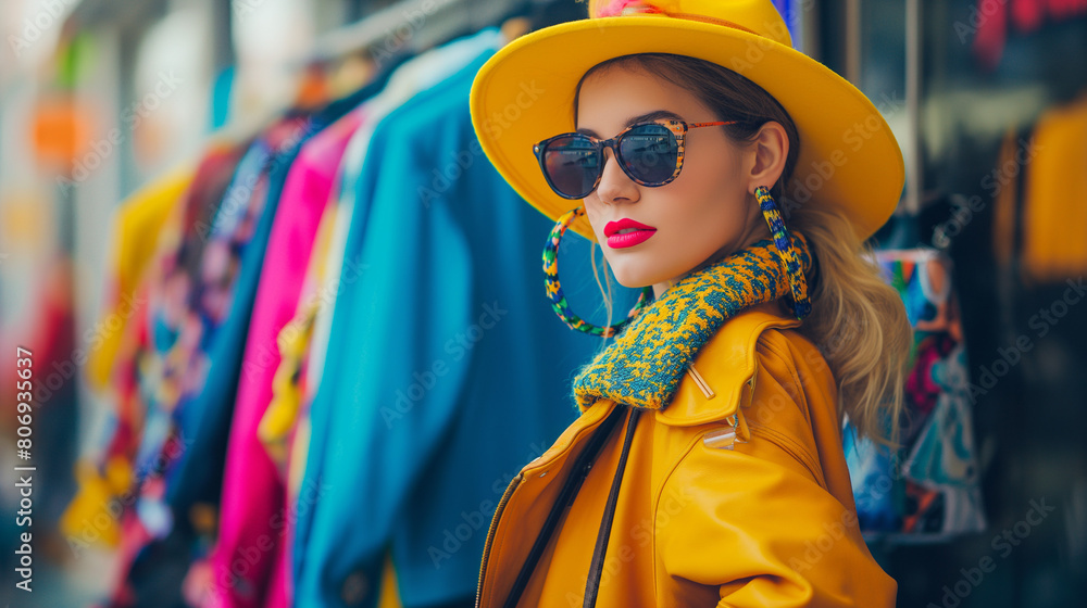 Stylish woman in a bold yellow coat and vibrant accessories shopping at a colorful clothing market