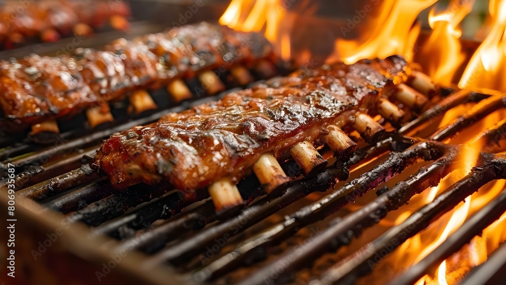 Intense Closeup of Pork Ribs Sizzling on a Flaming Grill. Concept Food Photography, BBQ Grill, Flaming Sizzle, Pork Ribs, Close-up Shot