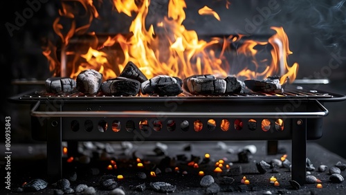 Portable BBQ grill with flaming fire and charcoal on black background. Concept Food Photography, BBQ Grilling, Fire Flames, Charcoal Grill, Black Background photo