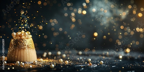 Sparkling golden rice pudding with festive vibe and bokeh. photo