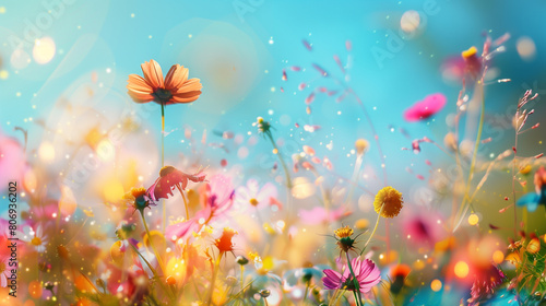 copy space  stockphoto  Colorful flower meadow with blue sky and bokeh lights in summer  nature background banner. Beautiful floral background  wallpaper. Design for invitation card  greeting card. Su