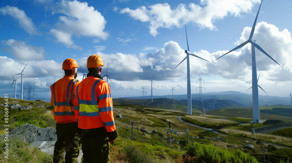 Two engineers in safety gear observing wind turbines in a lush green field under a cloudy sky. Two engineers in safety gear observing wind turbines in a lush green field under a cloudy sky.